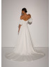 Off Shoulder Ivory Satin Minimalist Wedding Dress